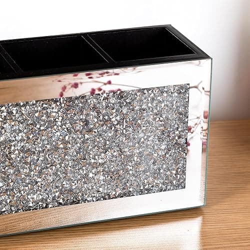 SHYFOY Mirrored Makeup Brush Holder Organizer, 3 Slot Glass Cosmetics Brushes Storage Holders with Crystal Crushed Diamond, Cute Pen and Pencil Holder for Desk, Eyeliners Display Case for Vanity thumbnail 8