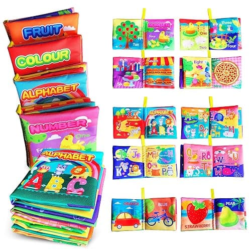 AMINFUN Soft Cloth Baby Book Toy 0-6 Months, Baby Learning Book(ABC-Z,1-10,Colour,Fruit,4 Pack),Touch and Feel Crinkle Book Infants 6-18 Months,Early Educational Toy 0-3, Gift for Babies Infants - Image 1