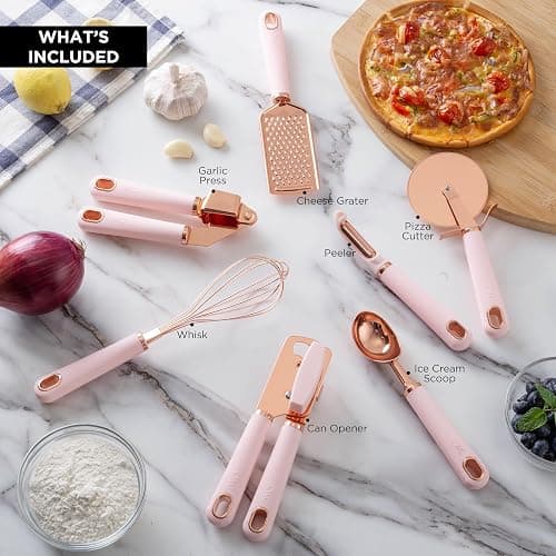 COOK WITH COLOR Kitchen Gadget Set Copper Plated Stainless Steel Utensils with Soft Touch Handles, Copper Pink, 7 Pieces thumbnail 2