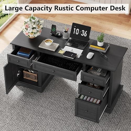 Vipbear 60" Executive Desk, Farmhouse Computer Desk with Drawers and File Cabinet, Embossed Texture Home Office Desks, Workspace for Work Study Writing, Black thumbnail 3