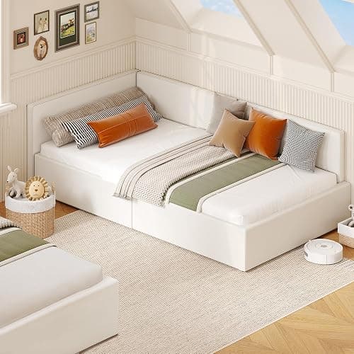 GarveeHome Twin Daybed with Bed Rails, Velvet Upholstered Corner Bed Frame with Headboard, Modern Kids Bed with Guardrail for Living Room, Bedroom, Easy Assembly, Beige thumbnail 6