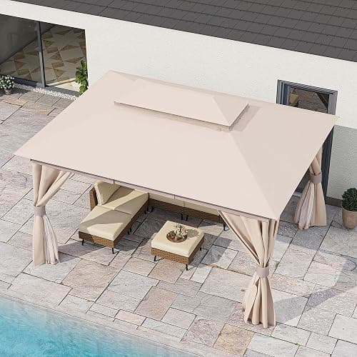 LAUSAINT HOME Semi-permanent Patio Gazebo 10'x13' with Expansion Bolts, Outdoor Heavy Duty Party Shelter with Double Roof, Mosquito Nets and Privacy Screens for Backyard, Garden, Lawn, Champagne Khaki thumbnail 3