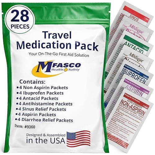 MFASCO - 7 in 1 - Travel Size Medicine Kit - TSA Approved | 28 First Aid Emergency OTC Medicine Packets for Cruise & International Travel | Compact Med Refill for Traveling & Office Assembled in USA - Image 1