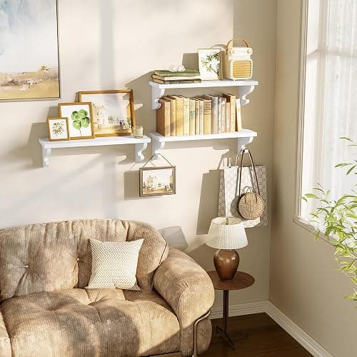 Alsonerbay Nursery Floating Shelves for Wall 3 Pack, 17 inch Wood Wall Shelves with Hook, Decorative Hanging Shelves for Bedroom Living Room Entryway and More White thumbnail 2