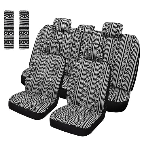 Pariitadin Baja Saddle Blanket Car Seat Covers Full Set with Seat Belt Pads, Washable Breathable Striped Woven Cloth Seat Covers for Cars, Universal Fit Most Cars, Airbag Compatible, Black/White - Image 1