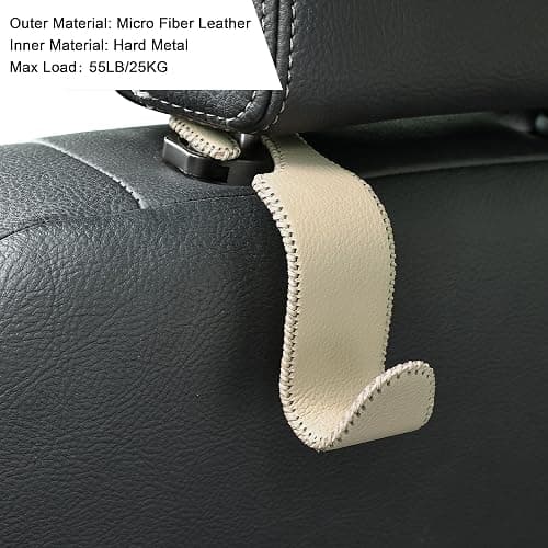 Amooca Car Seat Headrest Hook Universal Vehicle Storage Hanger Leather with Metal Car Seat Back Organizer for Handbag Purse Coat Beige 2 Pack thumbnail 3