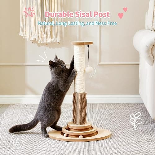 Made4Pets Cat Scratching Post, 23" Tall Sisal Cat Scratcher Post with Self Groomer, 4-in-1 Interactive Trackball Toys with Hair Brush, Vertical Cat Climbing Tree with Dangling Plush Balls thumbnail 6