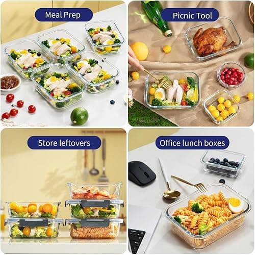 MFY 12-Pack Glass Storage Containers with Lids, Glass Meal Prep Containers Set, Airtight Lunch Containers with Lids, Microwave, Oven, Freezer and Dishwasher Safe, Gray thumbnail 7