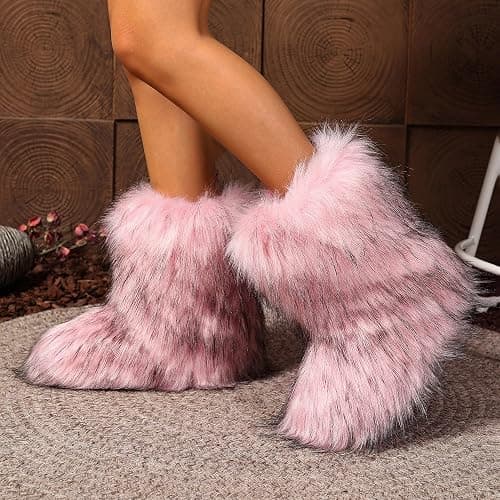 CryoSnowVale Women Faux Fur Furry Boot Fluffy Mid Calf Snow Boots Round Toe Suede Comfy Warm Flat Shoes Winter For Girl thumbnail 3