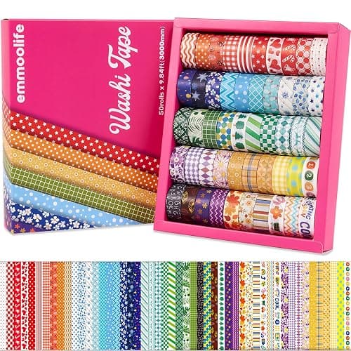 emmoolife 50 Rolls Washi Tape Set, 15mm Wide Rainbow Colored Tape Aesthetic Design Masking Decorative Tape for Scrapbooking Supplies, Bullet Journaling, Junk Journal, Wrapping Planners, DIY Arts Craft - Image 1