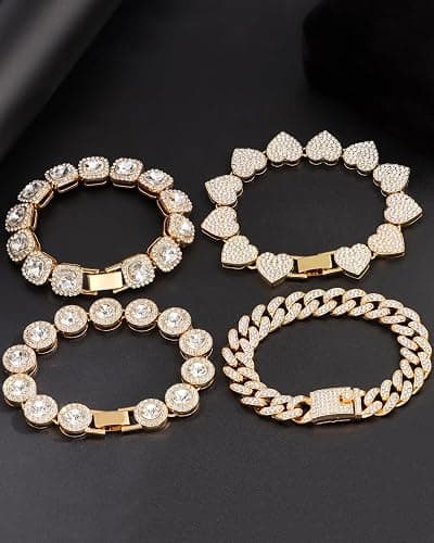 shopbyskyler 4PCS Gold Bracelets for Women Silver Clustered Tennis Bracelet for Women Heart Round Diamond Cuban Bracelet Layered Link Bracelet Set Fashion Jewelry for Women Set thumbnail 5