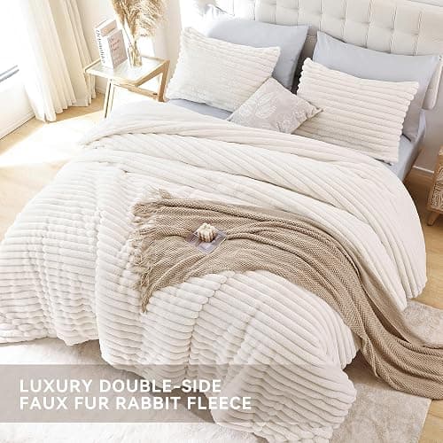 Smoofy Fluffy Twin Comforter Sets 2 Pieces - Cream White Fleece Fluffy Comforter Set, Luxury Fuzzy Twin Bedding Set, Soft Warm Comforter All Season, Heavy Faux Fur Comforter with Pillow Cases thumbnail 4