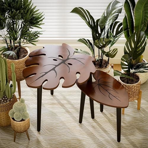 BAMEOS Monstera Leaf Nesting Tables Set of 2, Small Coffee Table Set with Leaf Vein Pattern, Modern Wooden Side Tables for Living Room Bedroom Apartment Balcony Yard thumbnail 6