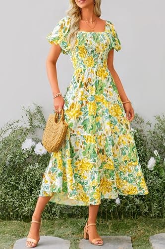 PRETTYGARDEN Women's Smocked Midi Wedding Guest Dress | Puff Short Sleeve, Square Neck A Line, Tiered Ruffle Hem, Long Dresses, Beach Vacation, Cocktail Party, Summer Outfits thumbnail 7