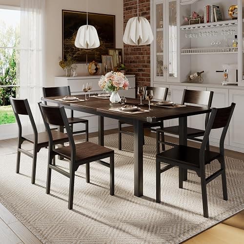 iPormis 7 Pieces Dining Table & Chairs Set for 4-6, 63" Extendable Kitchen Table and 6 Chairs, Dining Room Table with MDF Board & Metal Frame, Perfect for Small Space, Easy Clean, Espresso - Image 1