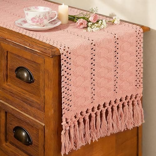 FEXIA Pink Table Runner 72 Inches Long with Tassels Boho Farmhouse Macrame Summer Pink Room Dining Bedroom Baby Bridal Shower Decor(12x72 Inches) - Image 1