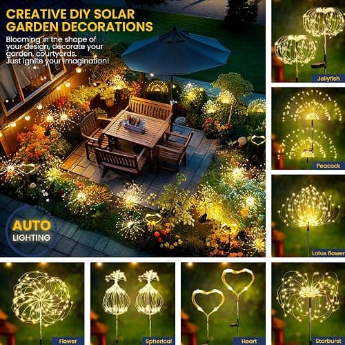 GIGALUMI Garden Decor Outdoor Lights 120LED 2Pack, Solar Garden Lights for Christmas Outside Fairy Firework Decorative,Solar Powered for Yard Pathway Flowerbed Planter Balcony Patio Decor (Warm White thumbnail 2