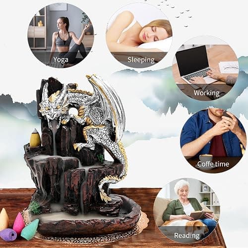 Zvaiuk Dragon Backflow 2 Sided Mountain Waterfall Incense Burner,Fountain Smoke Incense Holder with Backflow Incense Cones, Tweezers, Mat，Resin Aromatherapy Meditationvaiuk (Silver) thumbnail 5