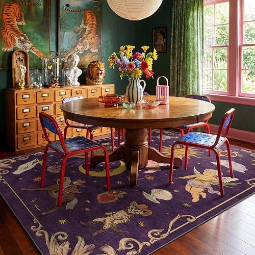 8x10 Celestial Sun Moon Unique Plum Dark Purple Soft Washable Area Rug | Low Pile Non-Slip Carpet with Vintage Whimsical Boho Decorative Pattern; Cottagecore Style for Living Rooms or Large Bedrooms thumbnail 9