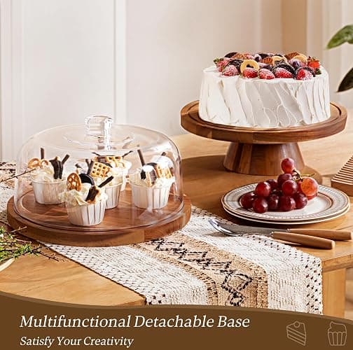 HBlife Cake Stand with Lid (11.4"), Multifunctional Cake Stand with Acrylic Dome, Acacia Wood 6-in-1 Cake Plate Display Stand with Cover for Baking Gifts, Birthday Kitchen Parties, Weddings thumbnail 2