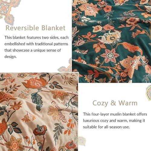 Bailix Boho Throw Blanket for Couch Sofa Bed, 100% Cotton Woven Quilt with Tassel 80”x90”, Super Soft Muslin Blanket with Floral Printed, Decorative Reversible Bed Blanket/Cover for All Seasons thumbnail 3