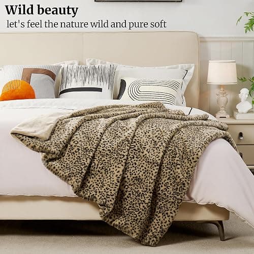 DREAMNINE Luxury Leopard Print Faux Rabbit Fur Blanket for Couch 50" x 60", Decorative Soft Cozy Fluffy Cheetah Microfiber Blankets,Warm Blanket for Winter, Animal Print Thick Fuzzy Lap Blankets, Tan thumbnail 3