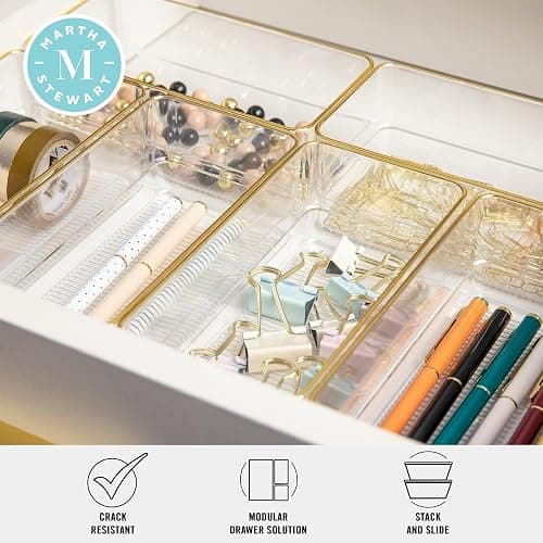 Martha Stewart Kerry Plastic Stackable Office Desk Drawer Organizers, 6" x 3", 6 Pack, with Gold Trim - 6" x 3" thumbnail 5