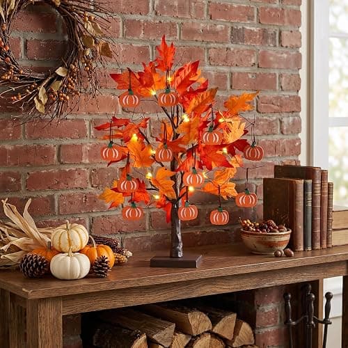 hogardeck Fall Decorations for Home, Thanksgiving Decorations, 24”2FT Lighted Maple Leaves Tree with 24 LEDs & 12 Wood Pumpkin Ornaments, Battery Powered Timer Artificial Trees for Autumn Table Decor thumbnail 5