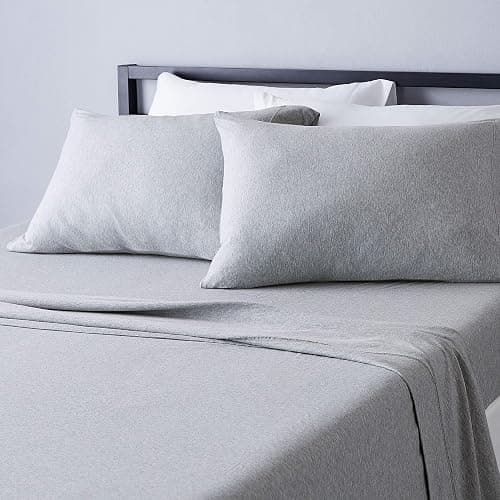 Amazon Basics 4 Piece Bed Sheet Set, 100% Cotton Jersey, Includes Super Soft, Flat and Fitted Sheets, Pillowcase, Full, Light Gray, Solid - Image 1