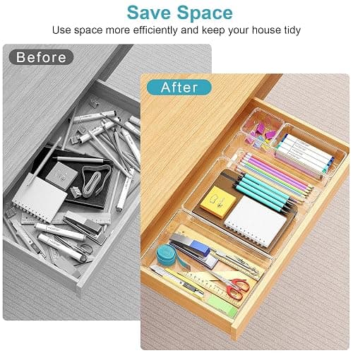 Manalete 65 Pcs Clear Plastic Drawer Organizer, Makeup & Vanity Organizer | 4-Size Versatile Desk Organizer & Storage Bins for Kitchen, Bathroom, Office, Jewelries, Easy Clean, Stackable, BPA-Free thumbnail 4