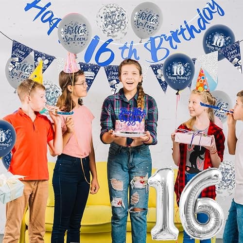 16th Birthday Decorations for Boys - Blue and Silver Birthday Decorations Pennant Happy Birthday Banner 12 Inch Latex Balloon Sash Cake Topper Confetti for 16 Years Old Birthday Party Supplies - 16th Blue and Silver Balloons thumbnail 6