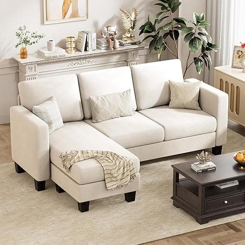 VICTONE Convertible Sectional Sofa Couch, 3 Seat L-Shaped Sofa with Linen Fabric Ottoman Small Couch for Small Apartments, Living Room and Office (Linen Fabric, White) - White - Linen Fabric