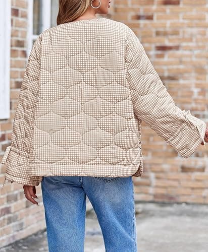 Tankaneo Womens Cropped Quilted Puffer Jackets Lightweight Plaid Button Down Bow Padded Down Coat thumbnail 3