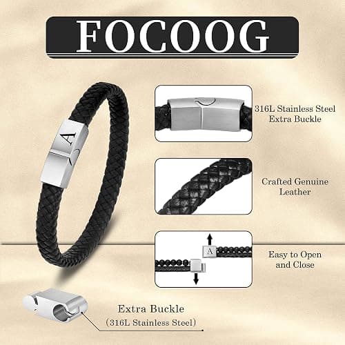 FOCOOG Leather Bracelets for Mens Gifts - Premium Genuine Leather Adjustable Stainless Steel Magnetic Clasp Mens Initial Bracelet, Unique Gifts for Men Husband Dad Son thumbnail 6