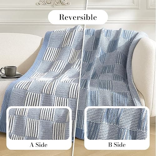 Amélie Home Checkered Knit Throw Blanket for Couch, Chenille Texture Decorative Soft Blanket for Sofa & Chair, 50"x60", Blue & White thumbnail 3