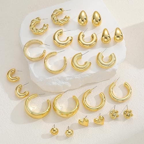 12 Pairs Chunky Silver Hoop Earrings for Women Trendy, Silver Plated Lightweight Thick Open Twisted Stack, Non Tarnish Huggie Hoops Earring Set thumbnail 8