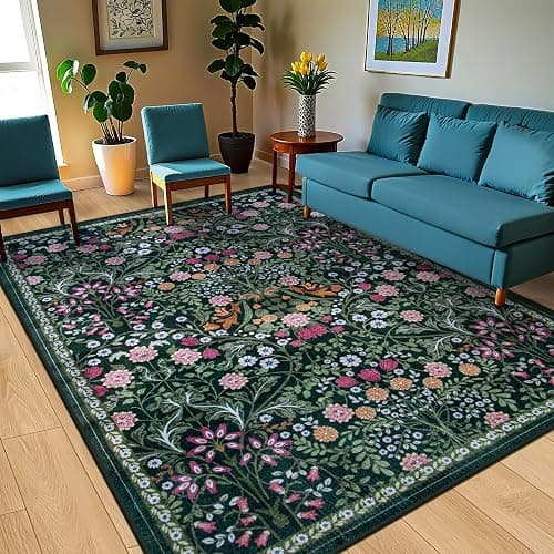PLHXFR 8x10 Area Rug Living Room: Floral Washable Boho Carpet Dark Green | For Bedroom Dining Room Farmhouse Nursery Hallway,Vintage Floral,Machine washable,Non Slip,Stain Resistant,Large Indoor thumbnail 2