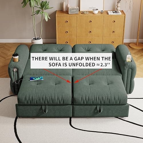 ZHCREAL 77" Queen Size Sofa Bed, Loveseat Sleeper Sofa with Pull Out Bed and USB, 2 Seater Convertible Small Couch for Living Room Bedroom Apartment (Green, Chenille) thumbnail 9