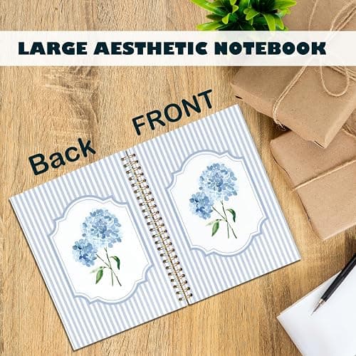 ignytiger Blue Hydrangea Notebook Journal, Hydrangea Gifts, Cute Blue and White Stripes Girly Floral Journal Spiral Notebook Aesthetic Office Supplies, 5.5x8.3 Inch thumbnail 5