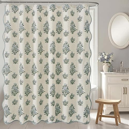 PROCIDA Green Scalloped Shower Curtain- Blue Block Print Floral, 72x72 Inch Linen Blend Bathroom Curtain with 12 Metal Hooks, Botanical Flower Bath Curtain for Country Bathrooms. thumbnail 3