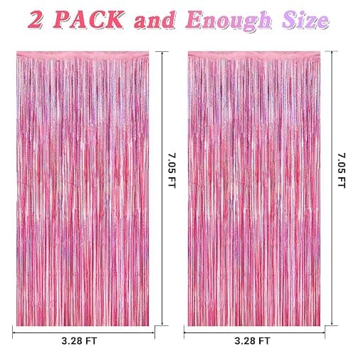 2 Pack Glitter Pink Backdrop, 3.28 FT x 7.05 FT Birthday Party Decorations, Laser Pink Fringe Curtains Foil Streamer Tinsel, Pink Curtains Photo Backdrop Happy Birthday Backdrop thumbnail 3