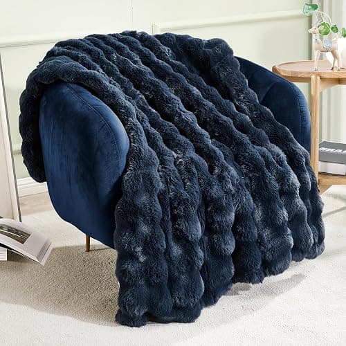 JONIYEAR Soft Fuzzy Bubble Faux Rabbit Fur Throw Blanket for Couch 50" x 60", Reversible Textured Fluffy Warm Thick Blanket for Winter,Luxury Cozy Puffy Shaggy Comfy Furry Blankets for Sofa, Navy Blue thumbnail 2