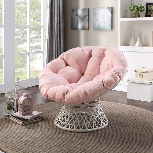 OSP Home Furnishings Wicker Papasan Chair with 360-Degree Swivel, Cream Frame with Pink Cushion thumbnail 2