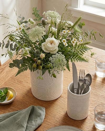 FUN ELEMENTS Kitchen Utensil Holder, 7.2" Super Large Utensil Crock Heavy and Stable Lace Emboss Ceramic Utensil Holder for Kitchen Counter (Bright White) thumbnail 4
