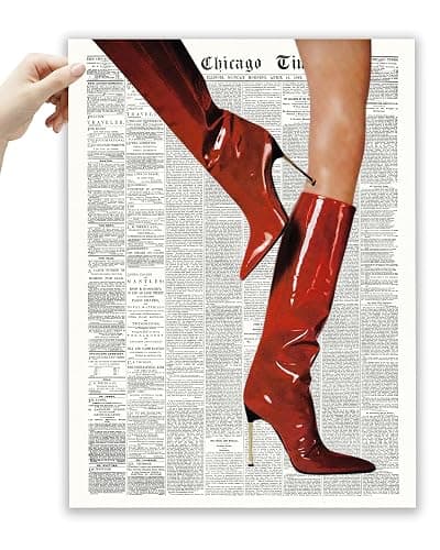 EcoHest UnFramed Trendy Newspaper Red Boots Wall Art, 12x16 in OAK Wood Fashion Icon Canvas Wall Art, Magazine Home Decor, Beige Logs Retro Set of 1 for Bedroom Living Room - Image 1
