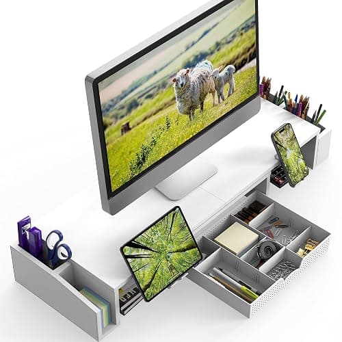 Simple Houseware Desk Dual Monitor Stand Riser with Drawer, White thumbnail 4
