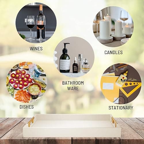 ATZYmolin 17" x 12" Wood Serving Tray with Gold Polished Metal Handles, Home Decorative Wooden Rectangle Ottoman Leather Decor Platter Bathroom Vanity Tray for All Occasions White thumbnail 5