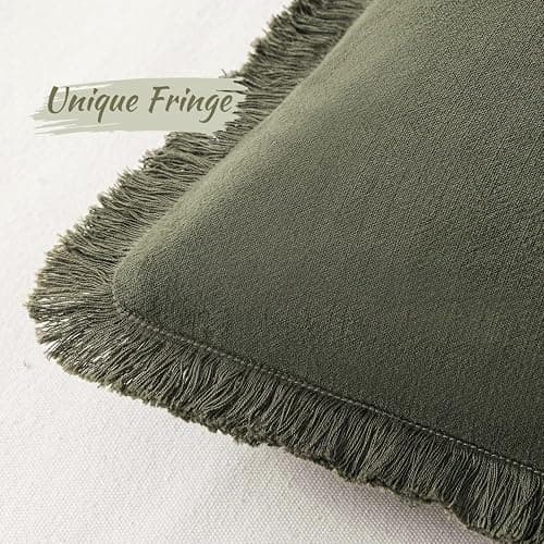 MIULEE Set of 2 Linen Throw Pillow Covers Decorative Boho Square with Tassels Farmhouse Cushion Covers Olive Green Accent Pillowcase with Fringe for Couch Sofa Bed Living Room Spring 20x20 Inch thumbnail 2