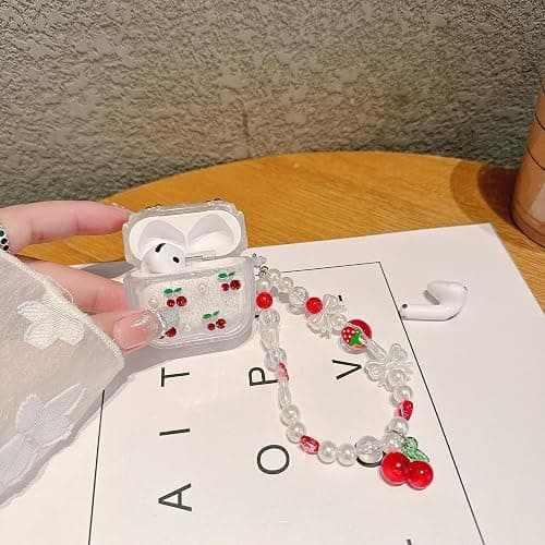 JANDM 3D Cherry Case with Keychain for AirPods 4, Clear Diamonds Aesthetic Shockproof Cover with Cute Pearl Strap for Women Girls Protective Cover thumbnail 5