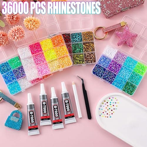 LERBOU Bedazzling Kit with 36000pcs 48 Colors Rhinestones, 4×10ml B7000 Glue, Tweezers & Pickup Pen – 3mm Flatback Sparkling Gems for Nail Art, Crafts, Clothing, Diamond Painting and Decor thumbnail 2